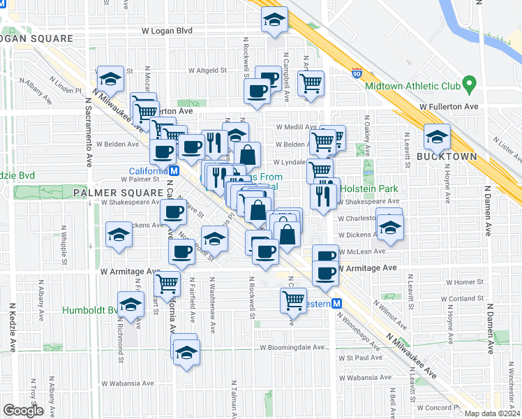 map of restaurants, bars, coffee shops, grocery stores, and more near 2140 North Maplewood Avenue in Chicago