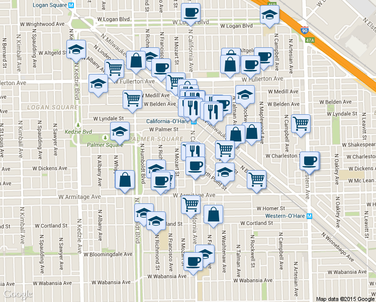 map of restaurants, bars, coffee shops, grocery stores, and more near 2801 West Shakespeare Avenue in Chicago