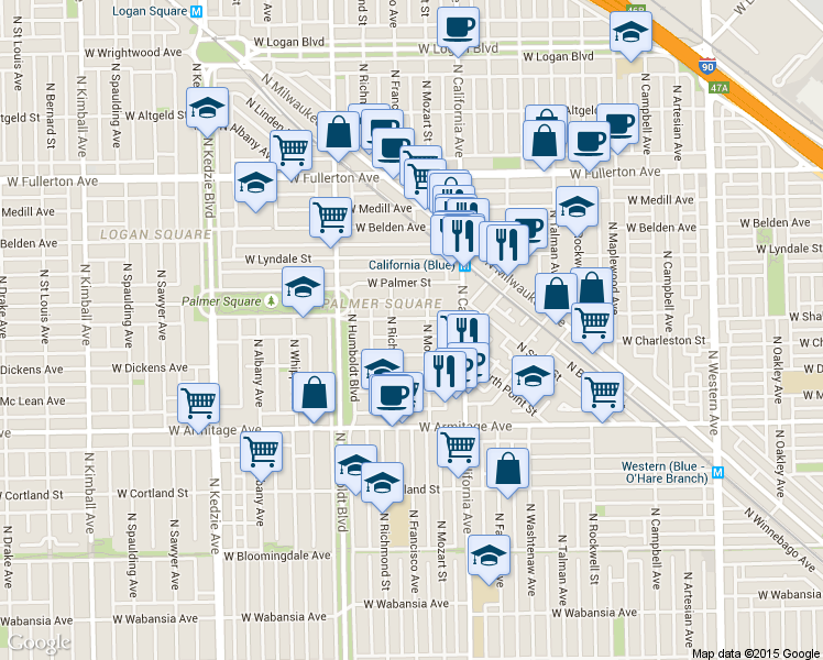 map of restaurants, bars, coffee shops, grocery stores, and more near 2845 West Shakespeare Avenue in Chicago