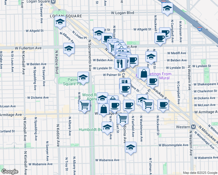 map of restaurants, bars, coffee shops, grocery stores, and more near 2845 West Shakespeare Avenue in Chicago