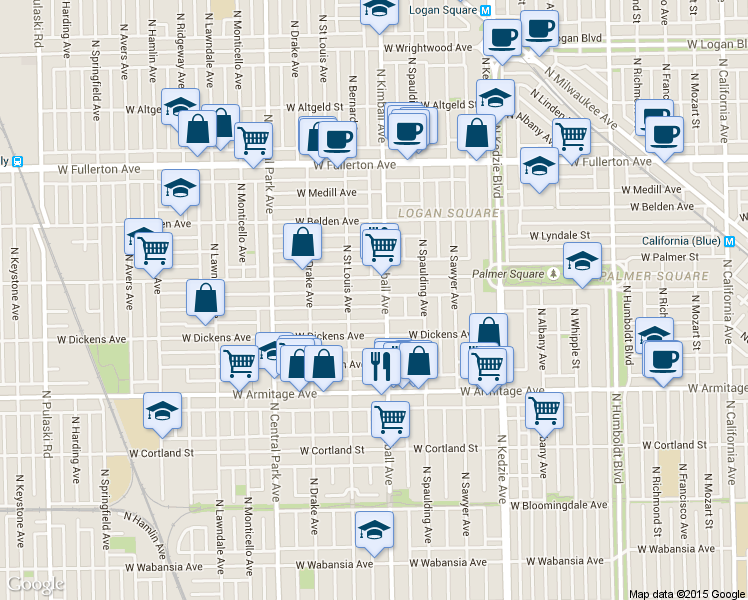map of restaurants, bars, coffee shops, grocery stores, and more near 3410 West Shakespeare Avenue in Chicago