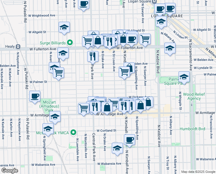 map of restaurants, bars, coffee shops, grocery stores, and more near 3508 West Shakespeare Avenue in Chicago