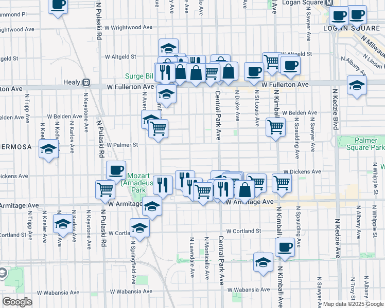 map of restaurants, bars, coffee shops, grocery stores, and more near 3638 West Shakespeare Avenue in Chicago
