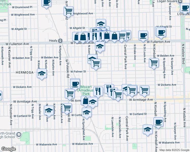 map of restaurants, bars, coffee shops, grocery stores, and more near 3751 West Palmer Street in Chicago