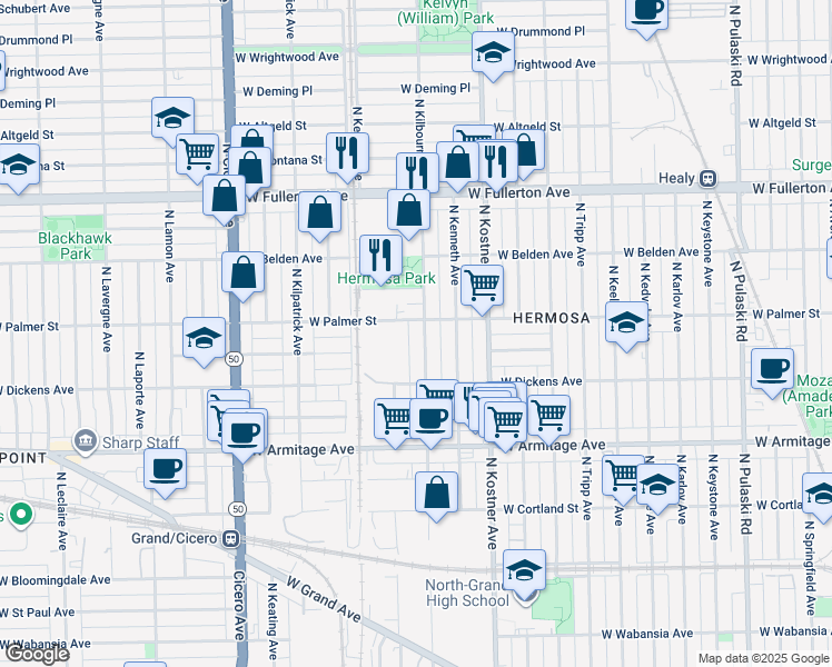 map of restaurants, bars, coffee shops, grocery stores, and more near 2157 North Kolmar Avenue in Chicago
