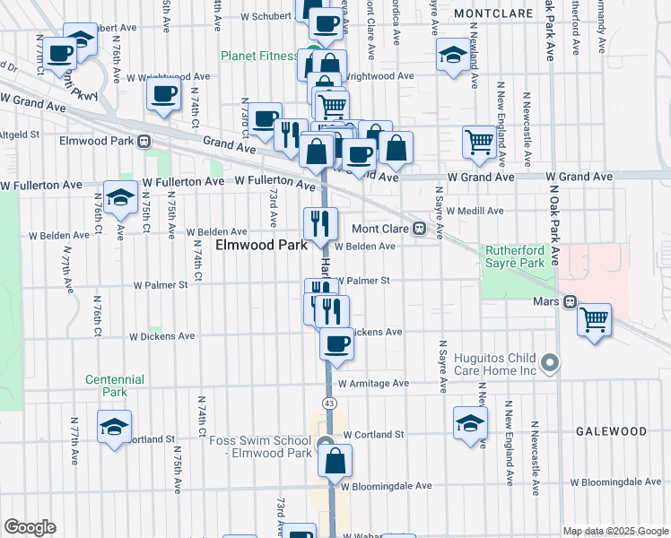 map of restaurants, bars, coffee shops, grocery stores, and more near 2221 North Harlem Avenue in Chicago