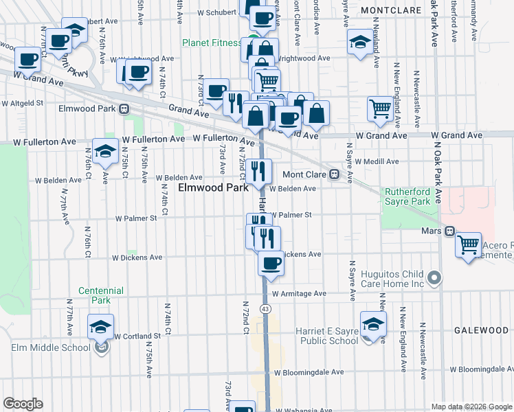 map of restaurants, bars, coffee shops, grocery stores, and more near 2215 North 72nd Court in Elmwood Park