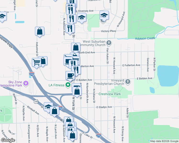 map of restaurants, bars, coffee shops, grocery stores, and more near 718 North Kenilworth Avenue in Elmhurst
