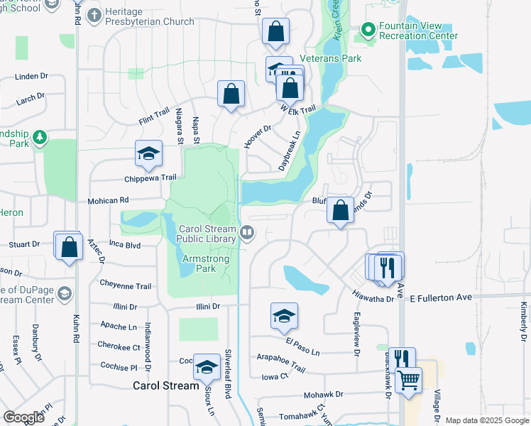 map of restaurants, bars, coffee shops, grocery stores, and more near 680 Bluff Street in Carol Stream
