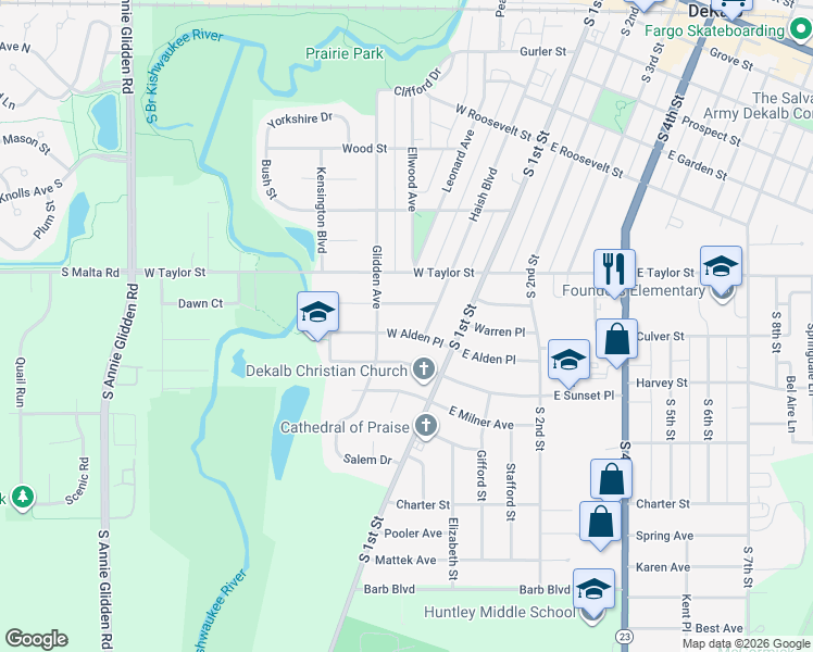 map of restaurants, bars, coffee shops, grocery stores, and more near 225 West Alden Place in DeKalb