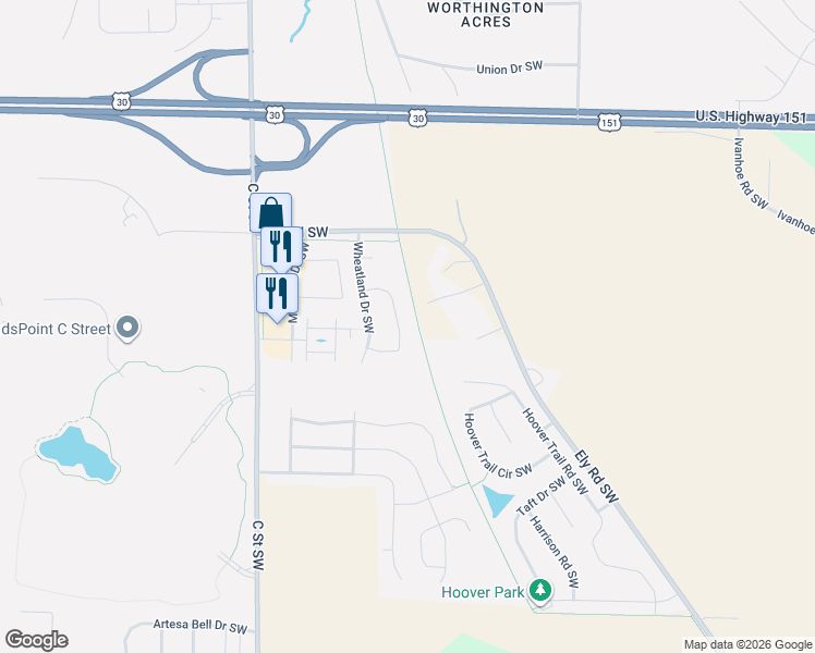 map of restaurants, bars, coffee shops, grocery stores, and more near 5822 Bethpage Circle Southwest in Cedar Rapids