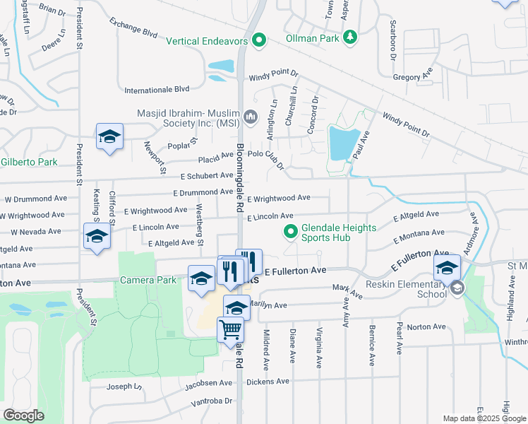 map of restaurants, bars, coffee shops, grocery stores, and more near 230 East Lincoln Avenue in Glendale Heights