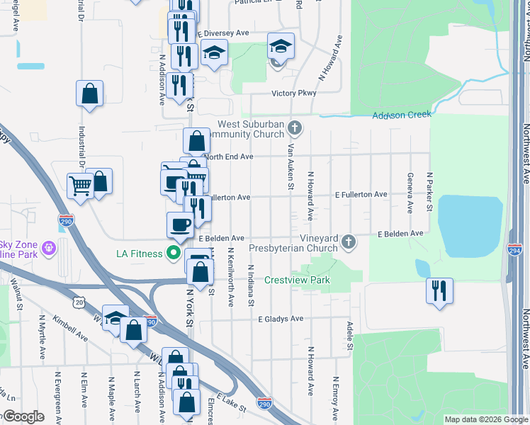 map of restaurants, bars, coffee shops, grocery stores, and more near 723 North Willow Road in Elmhurst