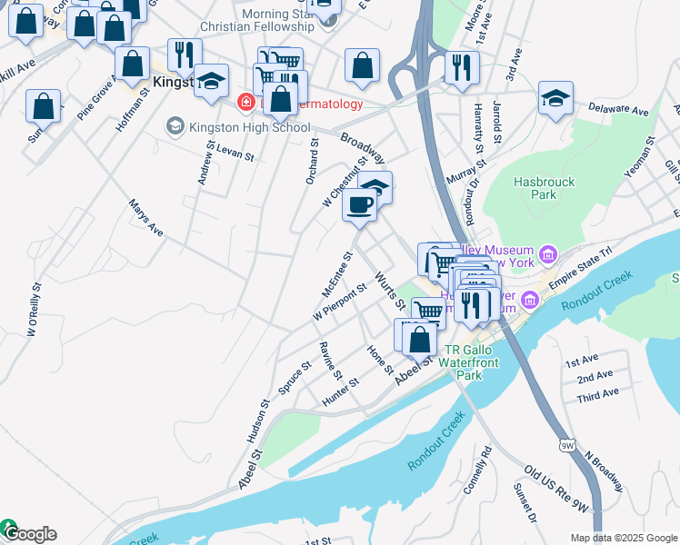 map of restaurants, bars, coffee shops, grocery stores, and more near McEntee Street in Kingston