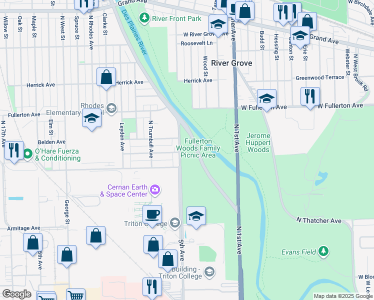map of restaurants, bars, coffee shops, grocery stores, and more near 2302 River Road in River Grove
