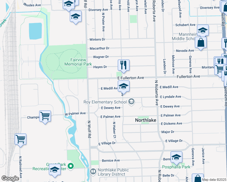 map of restaurants, bars, coffee shops, grocery stores, and more near 53 E Medill Ave in Northlake