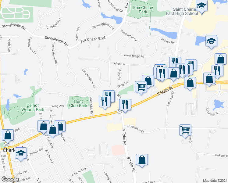 map of restaurants, bars, coffee shops, grocery stores, and more near 414 Wing Lane in St. Charles
