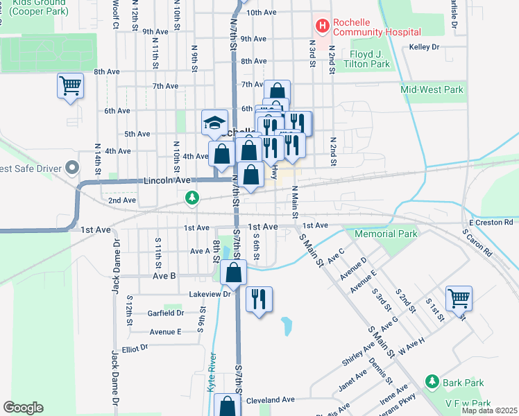 map of restaurants, bars, coffee shops, grocery stores, and more near 118 South Washington Street in Rochelle