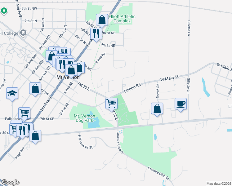 map of restaurants, bars, coffee shops, grocery stores, and more near 112 Crestview Drive in Mount Vernon