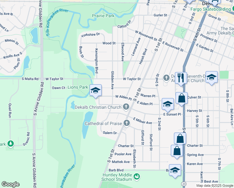 map of restaurants, bars, coffee shops, grocery stores, and more near 225 West Alden Place in DeKalb