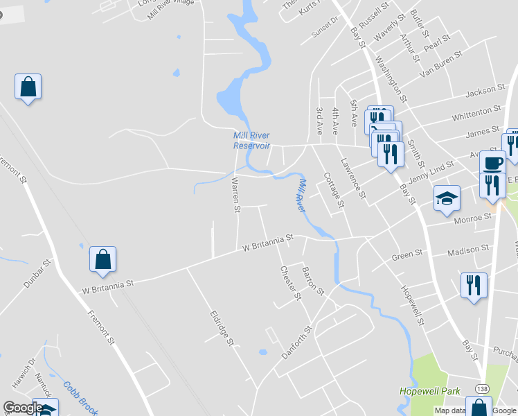 map of restaurants, bars, coffee shops, grocery stores, and more near 31 Rockland Street in Taunton