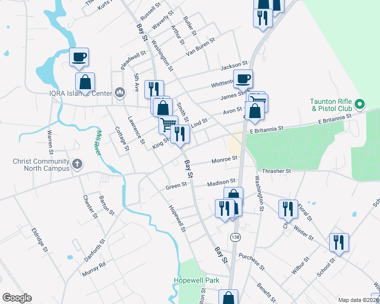 map of restaurants, bars, coffee shops, grocery stores, and more near 3 East Britannia Street in Taunton