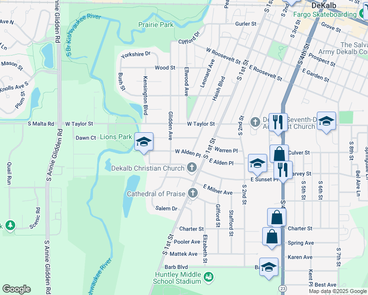 map of restaurants, bars, coffee shops, grocery stores, and more near 225 West Alden Place in DeKalb