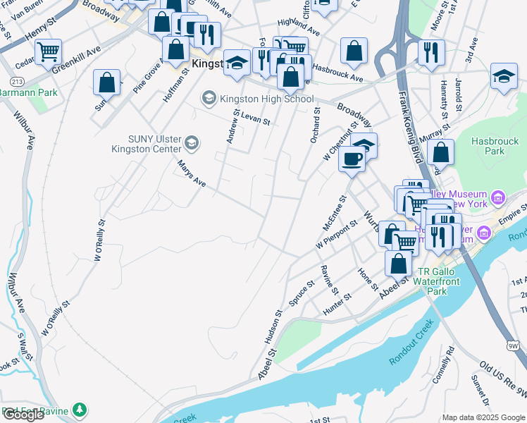 map of restaurants, bars, coffee shops, grocery stores, and more near 157 West Chester Street in Kingston