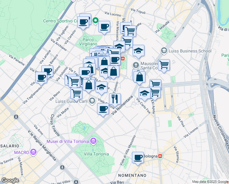 map of restaurants, bars, coffee shops, grocery stores, and more near 28 Via Tolmino in Rome