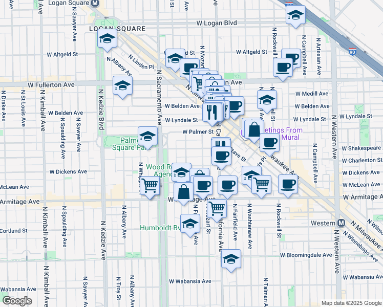 map of restaurants, bars, coffee shops, grocery stores, and more near 2861 West Shakespeare Avenue in Chicago