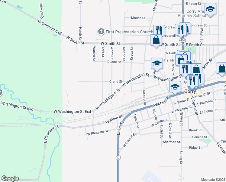 map of restaurants, bars, coffee shops, grocery stores, and more near 121 Worth St in Corry