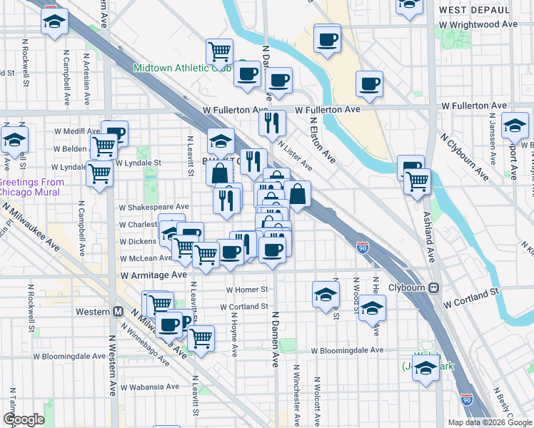 map of restaurants, bars, coffee shops, grocery stores, and more near 2126 North Damen Avenue in Chicago