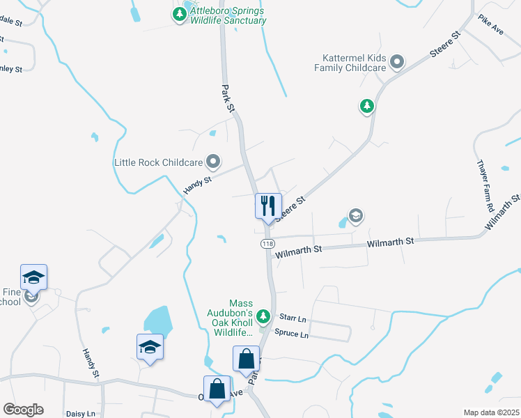 map of restaurants, bars, coffee shops, grocery stores, and more near 1259 Park Street in Attleboro