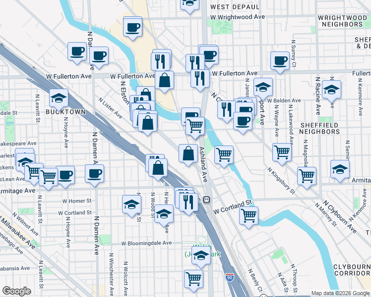 map of restaurants, bars, coffee shops, grocery stores, and more near 2123 North Elston Avenue in Chicago