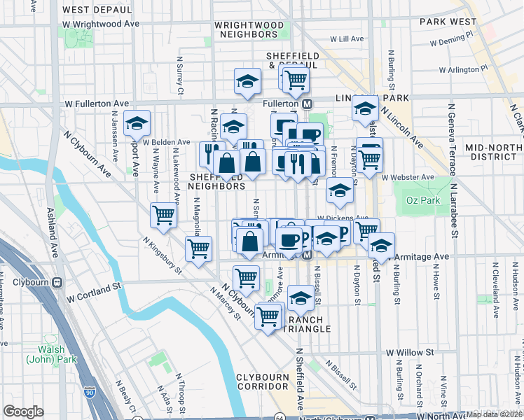 map of restaurants, bars, coffee shops, grocery stores, and more near 2113 North Seminary Avenue in Chicago