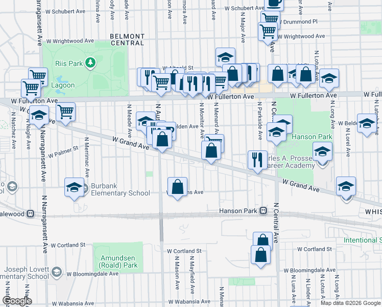 map of restaurants, bars, coffee shops, grocery stores, and more near 5856 West Grand Avenue in Chicago