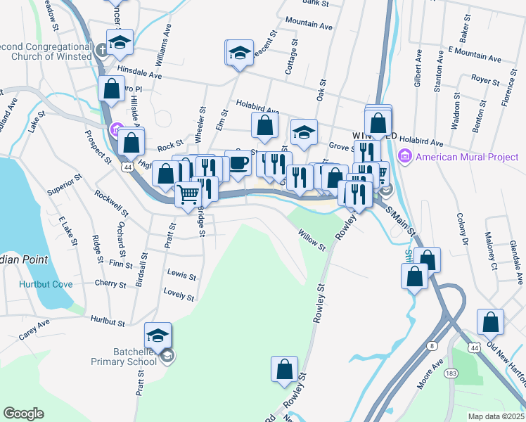 map of restaurants, bars, coffee shops, grocery stores, and more near 120 Willow Street in Winsted