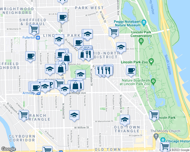 map of restaurants, bars, coffee shops, grocery stores, and more near 546 West Dickens Avenue in Chicago