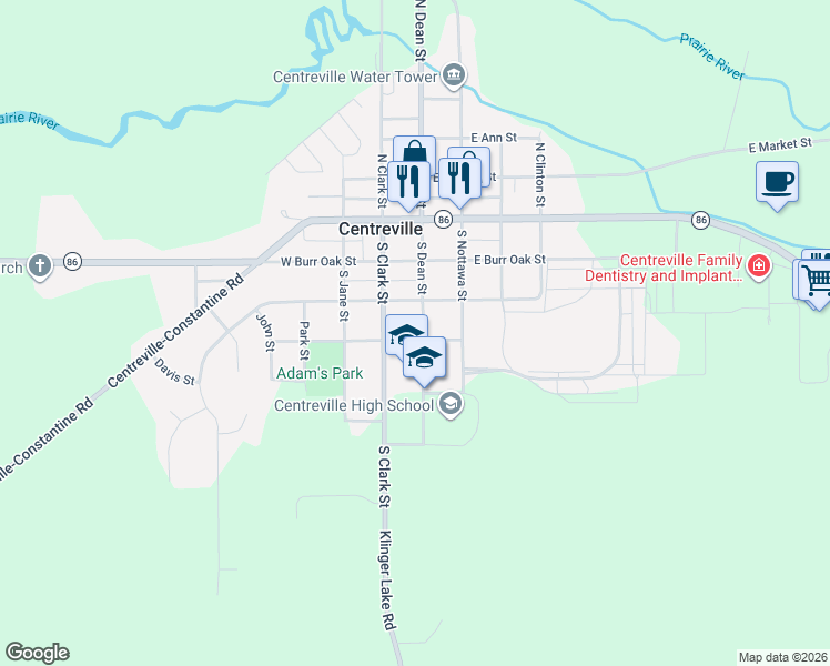 map of restaurants, bars, coffee shops, grocery stores, and more near 334 South Dean Street in Centreville