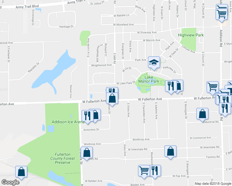 map of restaurants, bars, coffee shops, grocery stores, and more near 572 West Fullerton Avenue in Addison
