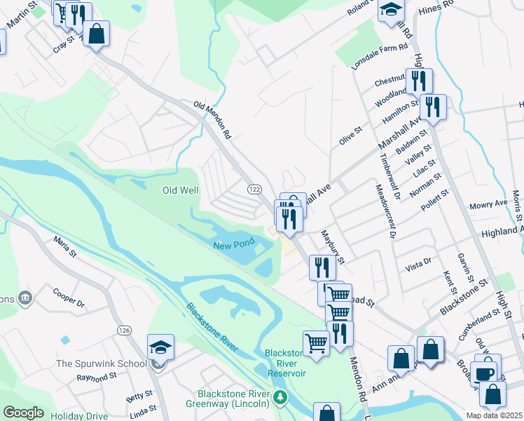 map of restaurants, bars, coffee shops, grocery stores, and more near 14 Mendon Road in Cumberland
