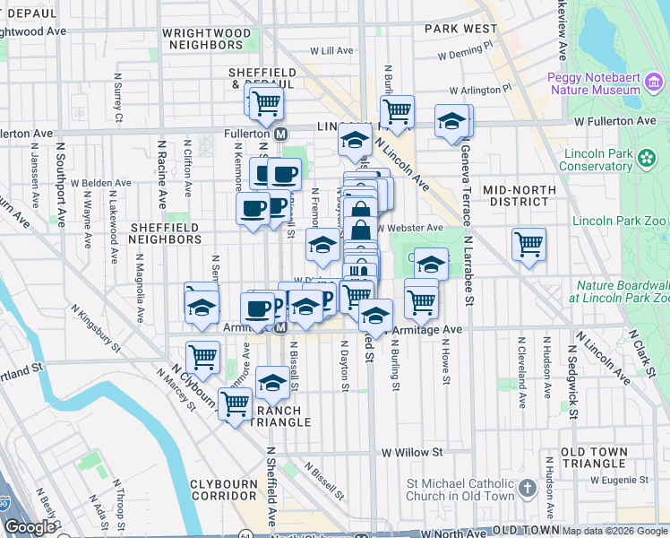 map of restaurants, bars, coffee shops, grocery stores, and more near 2115 North Dayton Street in Chicago
