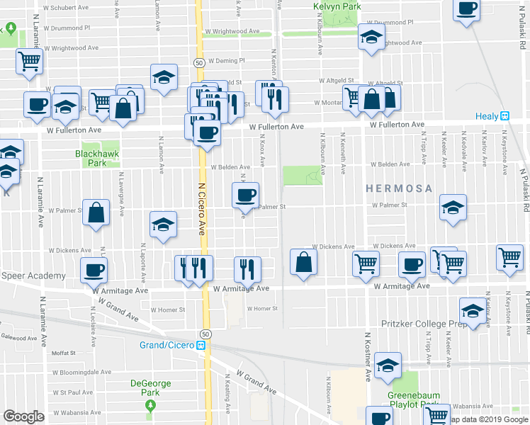 map of restaurants, bars, coffee shops, grocery stores, and more near 4623 West Palmer Street in Chicago