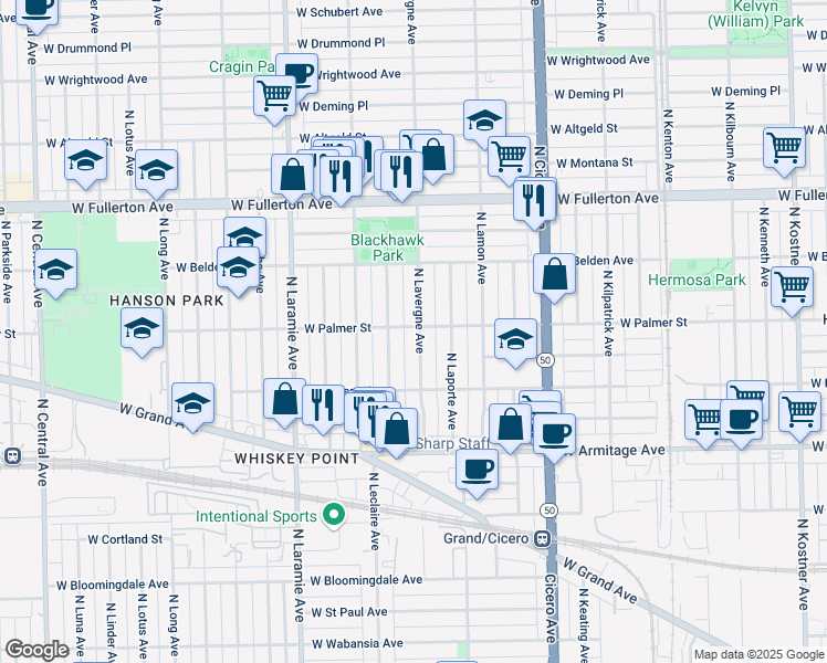 map of restaurants, bars, coffee shops, grocery stores, and more near 2156 North Lavergne Avenue in Chicago
