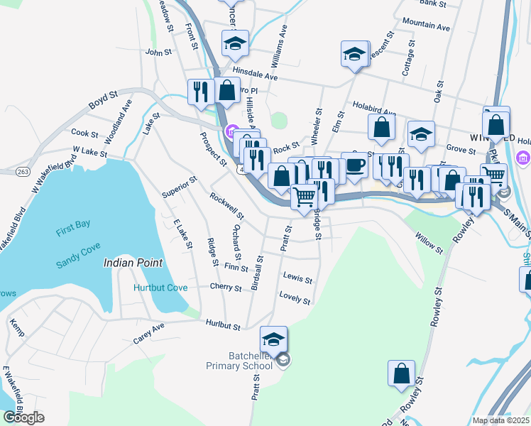 map of restaurants, bars, coffee shops, grocery stores, and more near 58 Prospect Street in Winchester