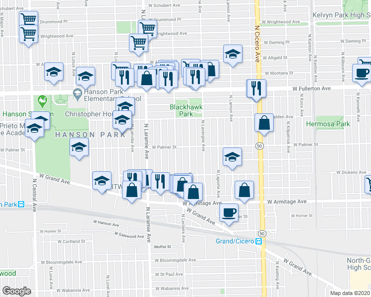 map of restaurants, bars, coffee shops, grocery stores, and more near 5045 West Palmer Street in Chicago