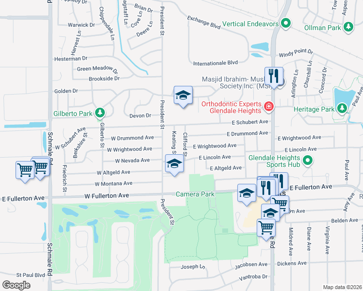 map of restaurants, bars, coffee shops, grocery stores, and more near 1688 Clifford Street in Glendale Heights