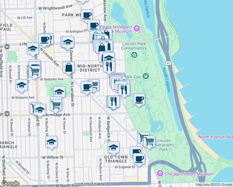 map of restaurants, bars, coffee shops, grocery stores, and more near 326 West Dickens Avenue in Chicago