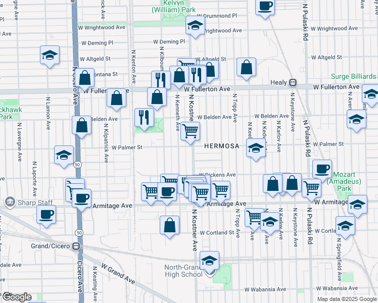 map of restaurants, bars, coffee shops, grocery stores, and more near 2150 North Kostner Avenue in Chicago