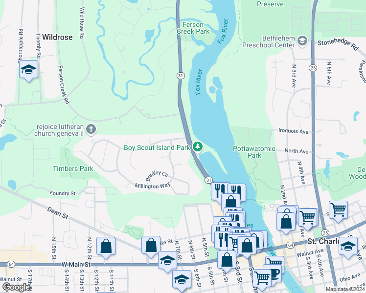 map of restaurants, bars, coffee shops, grocery stores, and more near 248 West River Drive in St. Charles